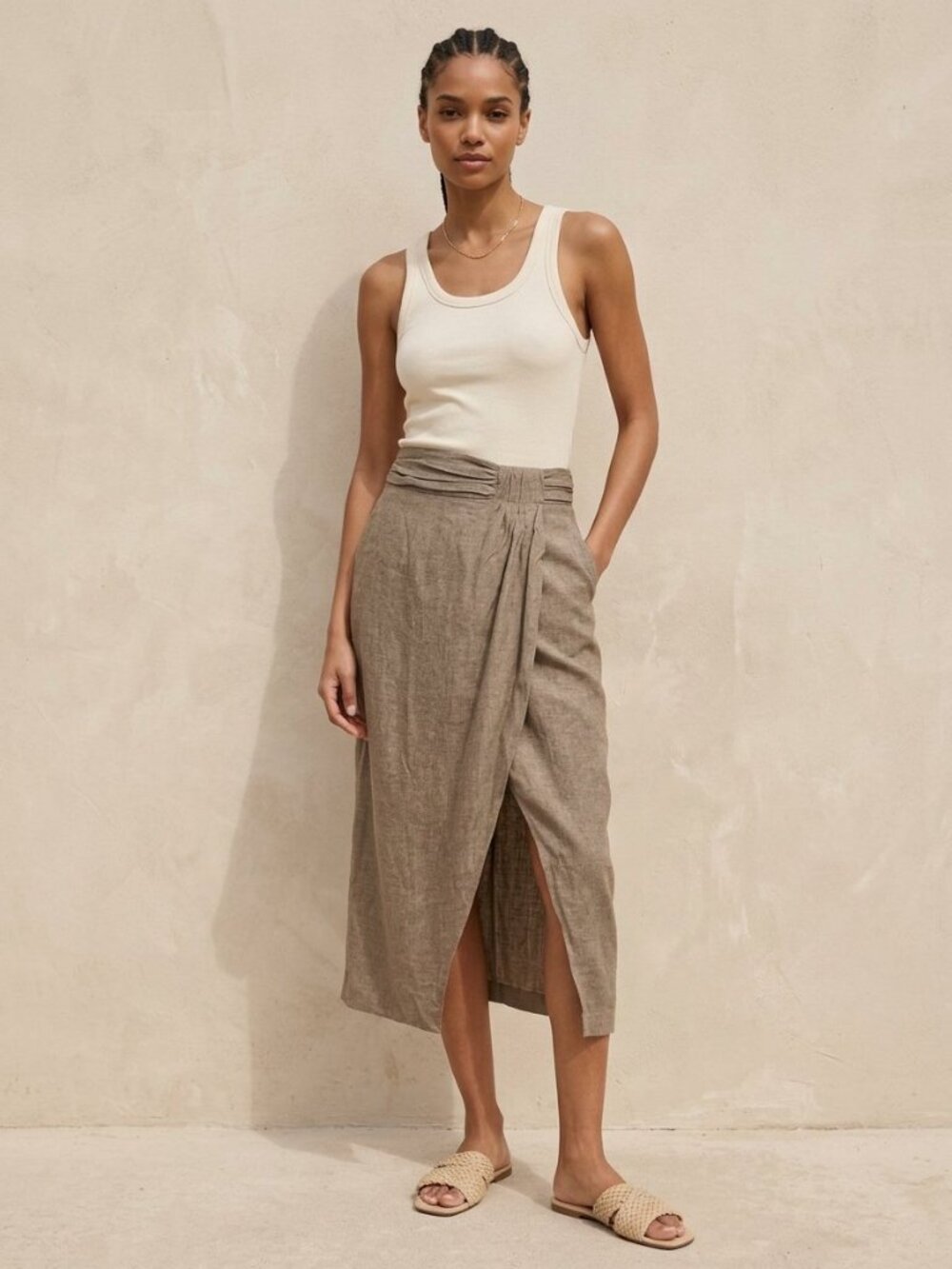 Heartloom Catriona Linen Midi Skirt Driftwood Wrap Asymmetric Slit | Size XS